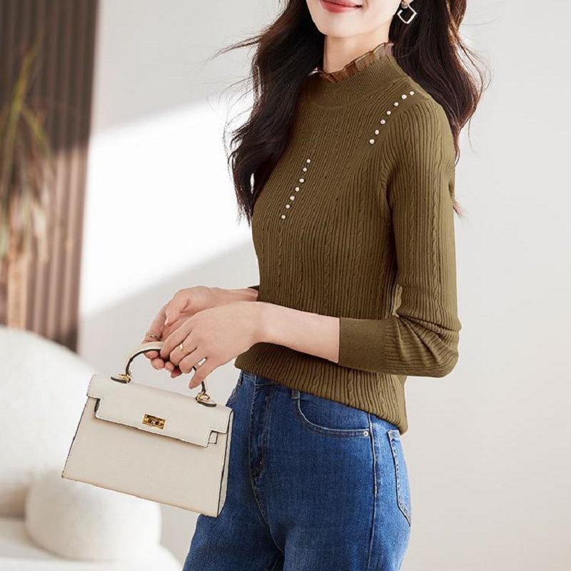 Lace Semi-turtleneck Bottoming Shirt Women's Autumn and Winter Inner Twist Pearl Chic Top Knitted Sweater Women's Long-sleeved Slim-fit