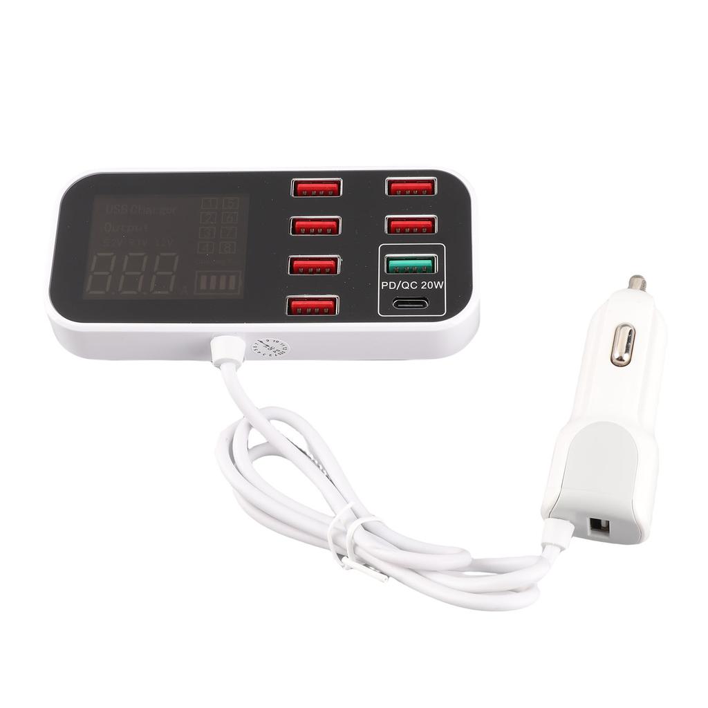 40W Multiple USB Car Charging Station 8 Ports USB Car Display Charger Adapter QC3.0 and Type C PD Car Charger Adapter