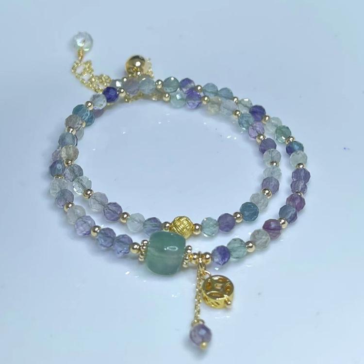 Natural crystal jewelry, colored fluorite sugar cube double ring bracelet.