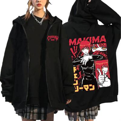 Japonia Anime Chainsaw Man Bluza z kapturem Makima Śmieszny Nadruk Męska Damska Rozpinana Bluza Plus Size Harajuku Ciepła Kurtka na Zamek