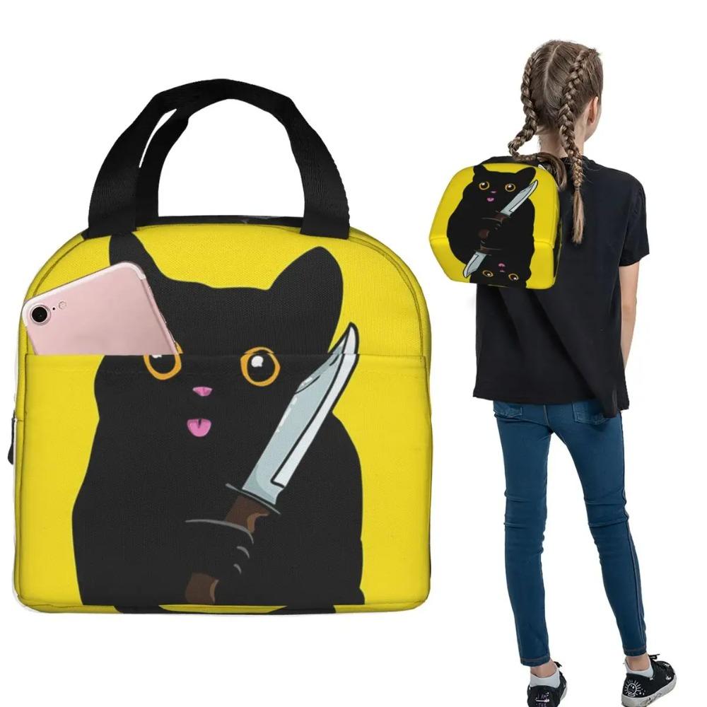 Borsa Termica per Pranzo Gatto Nero Cartone Animato con Coltello per Donne Bambini Scatole per Cibo Portatili Borsa Termica per Pranzo Tote