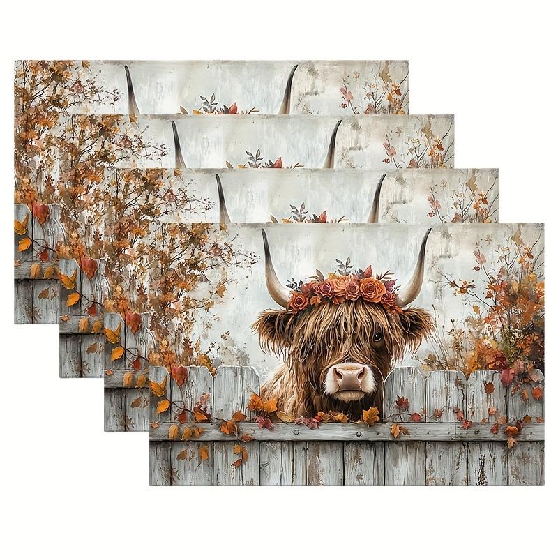 

4 шт. милая хайлендская корова с длинной лохматой подставка под тарелку, деревенский обеденный стол, подставки под тарелки, весенний летний деревенский рустикальный декор кухни H 12x18in-4PCS