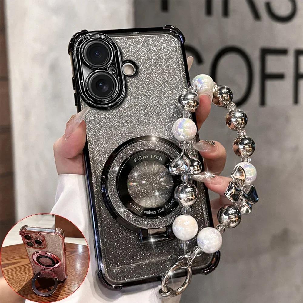 Shockproof Plating For Magsafe Bracket Bead Bracelet Case For Xiaomi Redmi Note 14 15 Pro Plus 15 15C 14C 14S 5G Glitter Cover