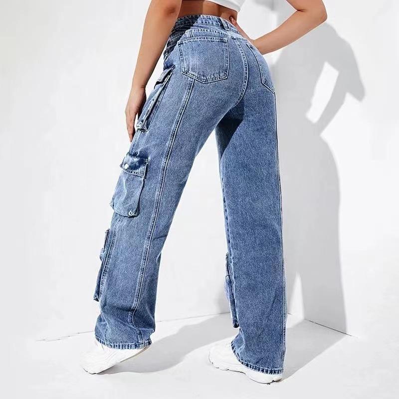 Women Denim Trousers Fashionable Solid Color Versatile Multi-pocket Casual Pants Ladies Large Size High Waist Denim
