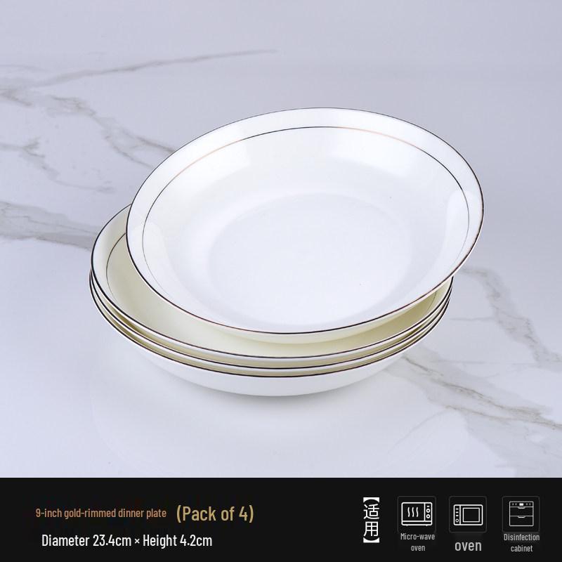Ceramic Gold Rim Bone China Tableware Set - Microwave Safe Deep Plate, Rice Bowl for Home and Hotel Use.