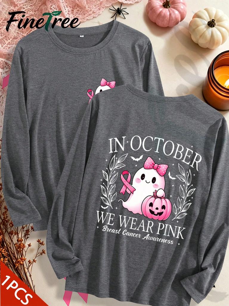 Cute Ghost Pumpkin Pink Ribbon Shirt October Breast Cancer Awareness Long Sleeve Top