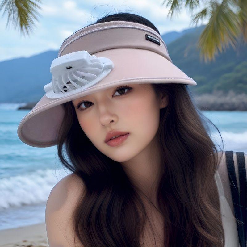 Dual Use Hollow Top Cooling Fan Hat, Oversized Brim Candy Color Sun Hat, Windy Outdoor Travel Visor Cap for Men Women
