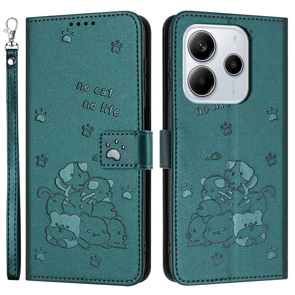 Lommebokdeksel til Xiaomi Redmi Note 14 4G (163.25x76.55x8.16mm) Katter Imprint Lær Telefondeksel med Stropp