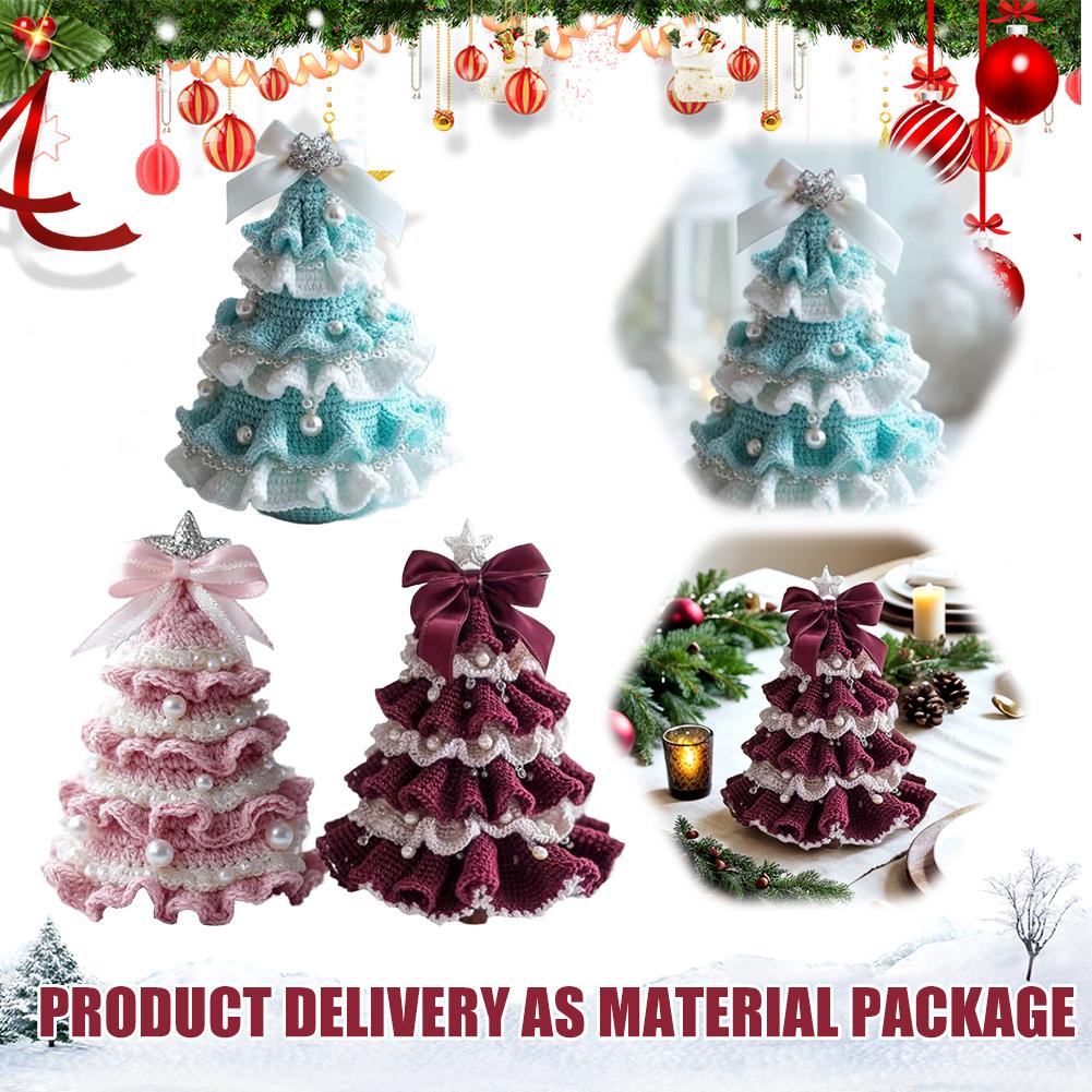DIY-Häkel-Weihnachtsbaum-Set mit Schleife und Kunstperlen-Dekoration, Bastelstarter-Set, handgefertigter Häkel-Weihnachtsbaum, Heimdekoration