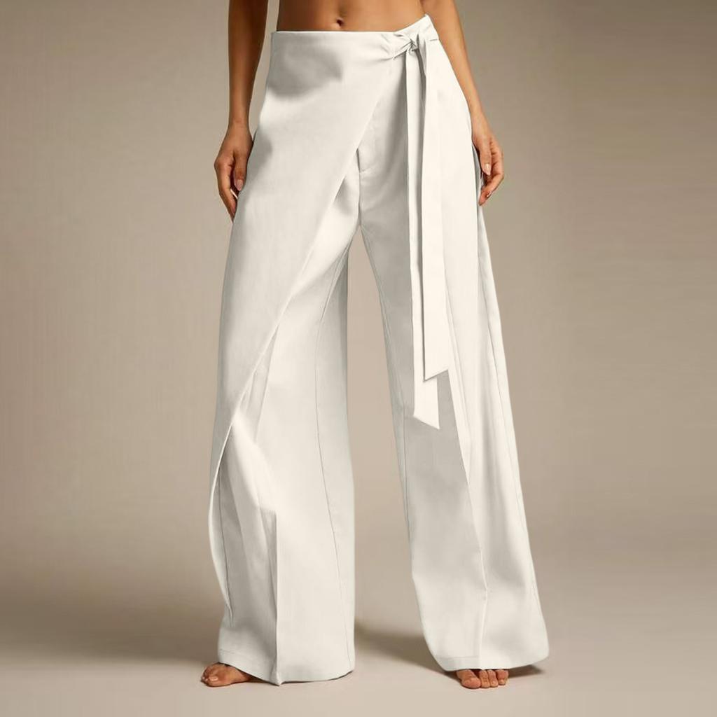 Women Casual Wide Leg Pants with Draped Overlay and Waist Tie Elegant Loose Fit Lightweight Fabric Suitable for Office and Daily Wear