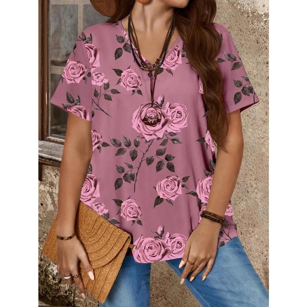 Summer V-neck Flower Pattern 3D Printed Top Fashionable Casual Short Sleeved Plus Size Women's T-shirts