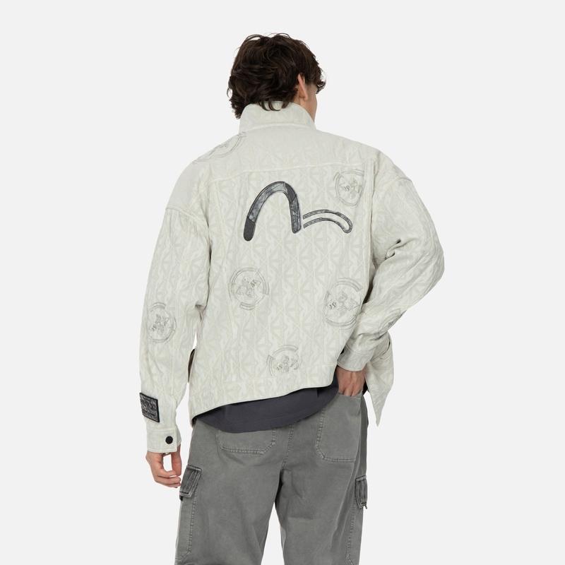 Evisu Kuro SS24 Allover Logo Jacquard Oversized Stand Collar Truck Jacket Men Jackets Beige 2ESGNM4JK5083OSCT