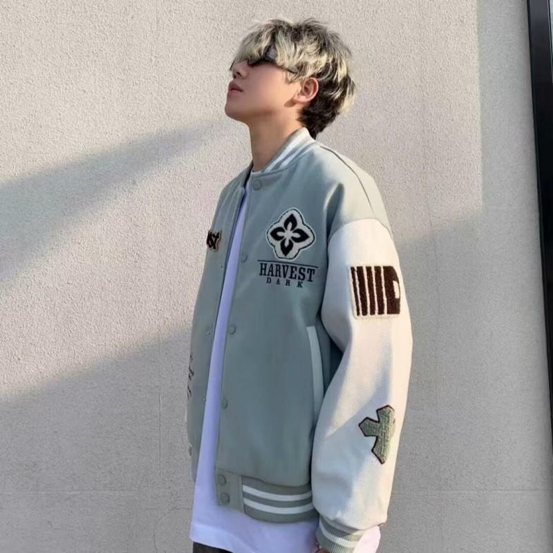 Herre Dame Oversized Baseballjakke PU Læder Patchwork Rombus Broderi Efterår Casual Moto Yderbeklædning