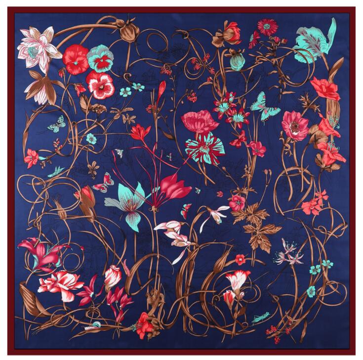 New Arrival Brand Shawl 100% Twill Silk Scarf Hyacinth Floral 130cm Square Scarves Print Kerchief Bandana Woman Headband Hijab