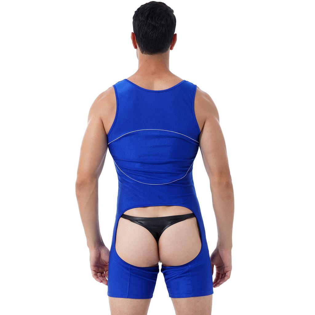 Mens One Piece Bodysuit Open Crotch Design U Neck Sleeveless Jumpsuit Color Block Nightwear Loungewear