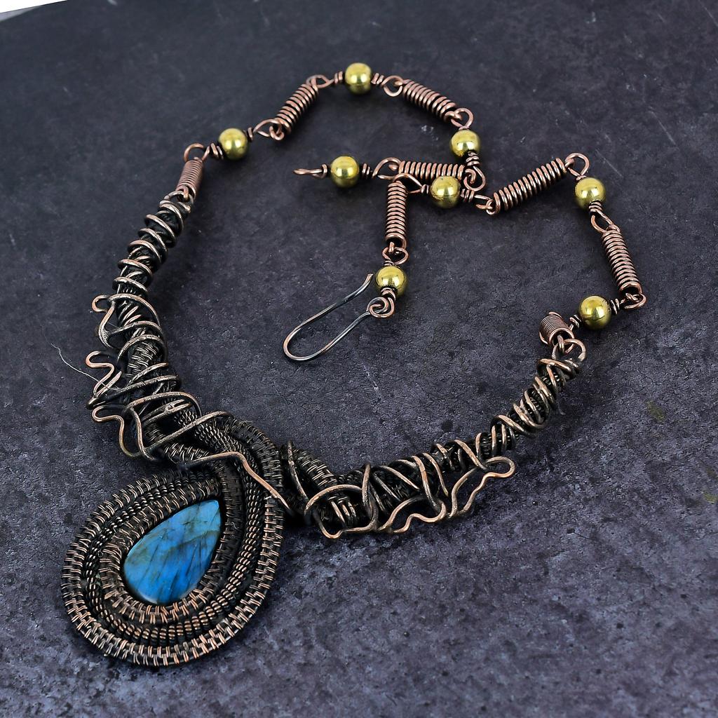 Labradorite Gemstone Handmade Copper Wire Wrap Jewelry Necklace 18" J8L36