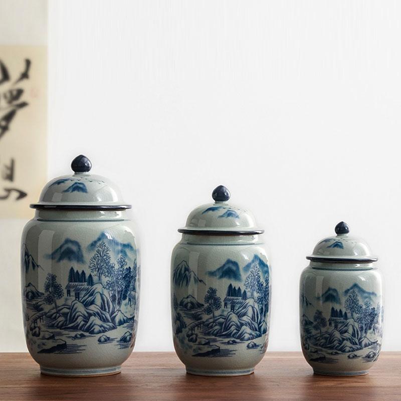 Blue and White Porcelain Storage Jar Classical Tea Box Landscape General Jar with Lid Creative Nut Food Storage Bottle Container