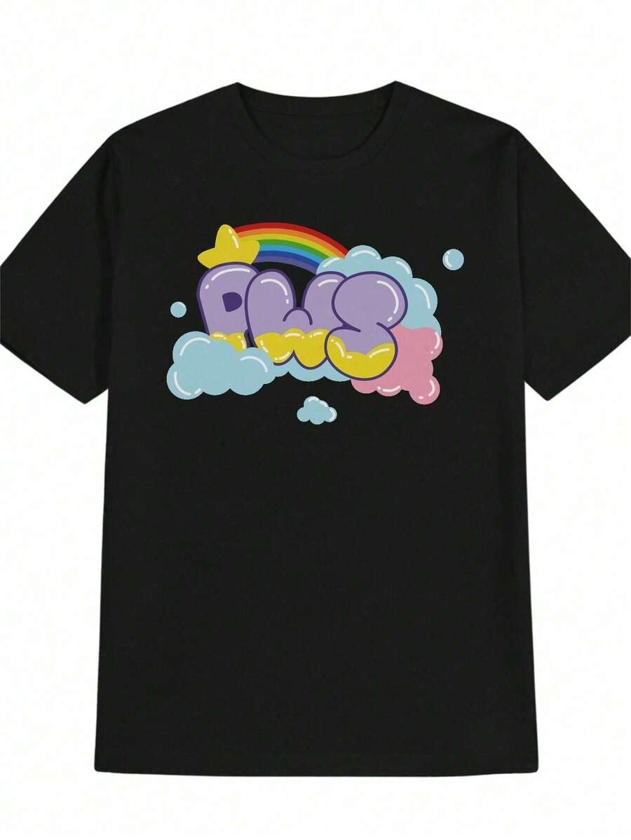 

Unisex s Casual Graphic Print T-Shirt - Black Round Neck Summer Tee With Colorful Graffiti Lettering L