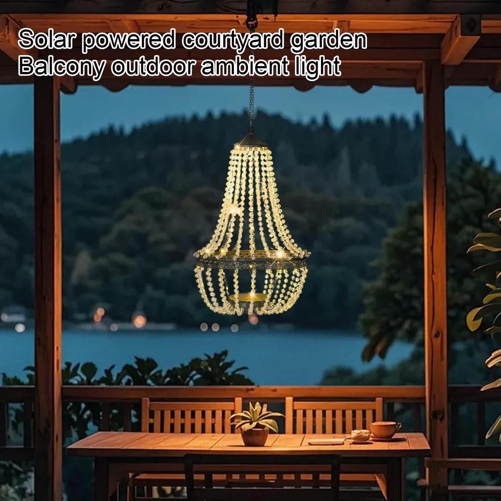 Outdoor Solar Powered Hanging Chandelier Light for Garden Patio Balcony Decorative Ambient Lighting with Beaded Design and Metal Frame