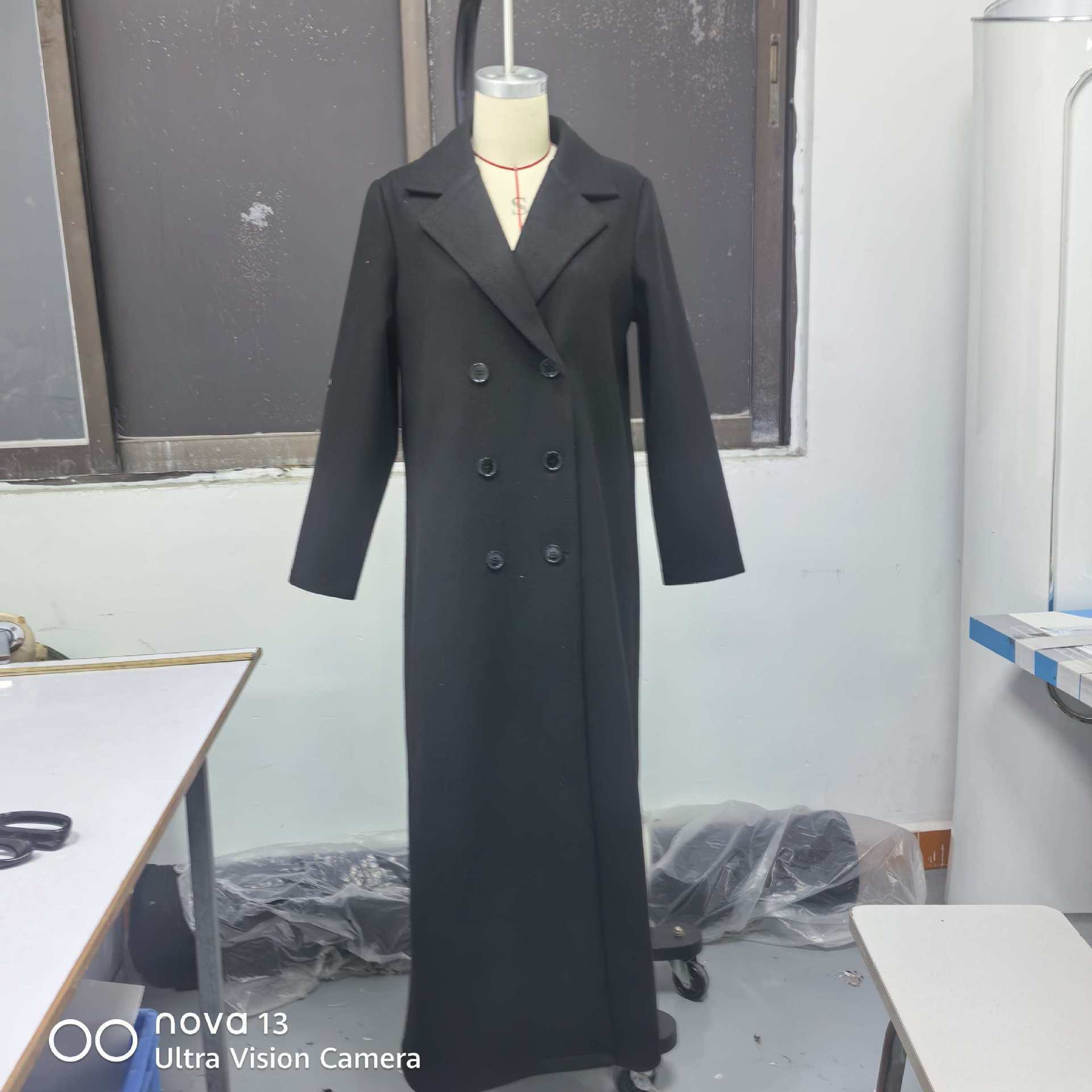 

women s Lapel Collar Solid Color Long Length Wool Blend Coat Double Breasted Warm Winter Outerwear 2XL