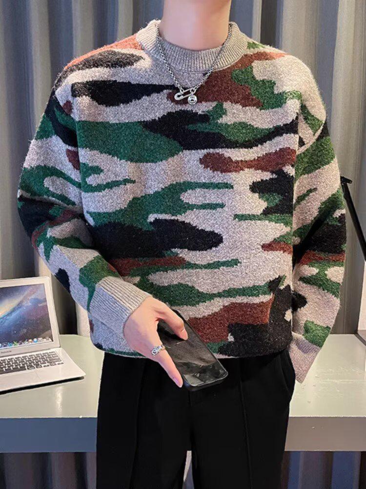 Men’s Autumn/Winter Camouflage Knit Pullover Sweater - Lazy Style, Thick, Trendy Casual Wear