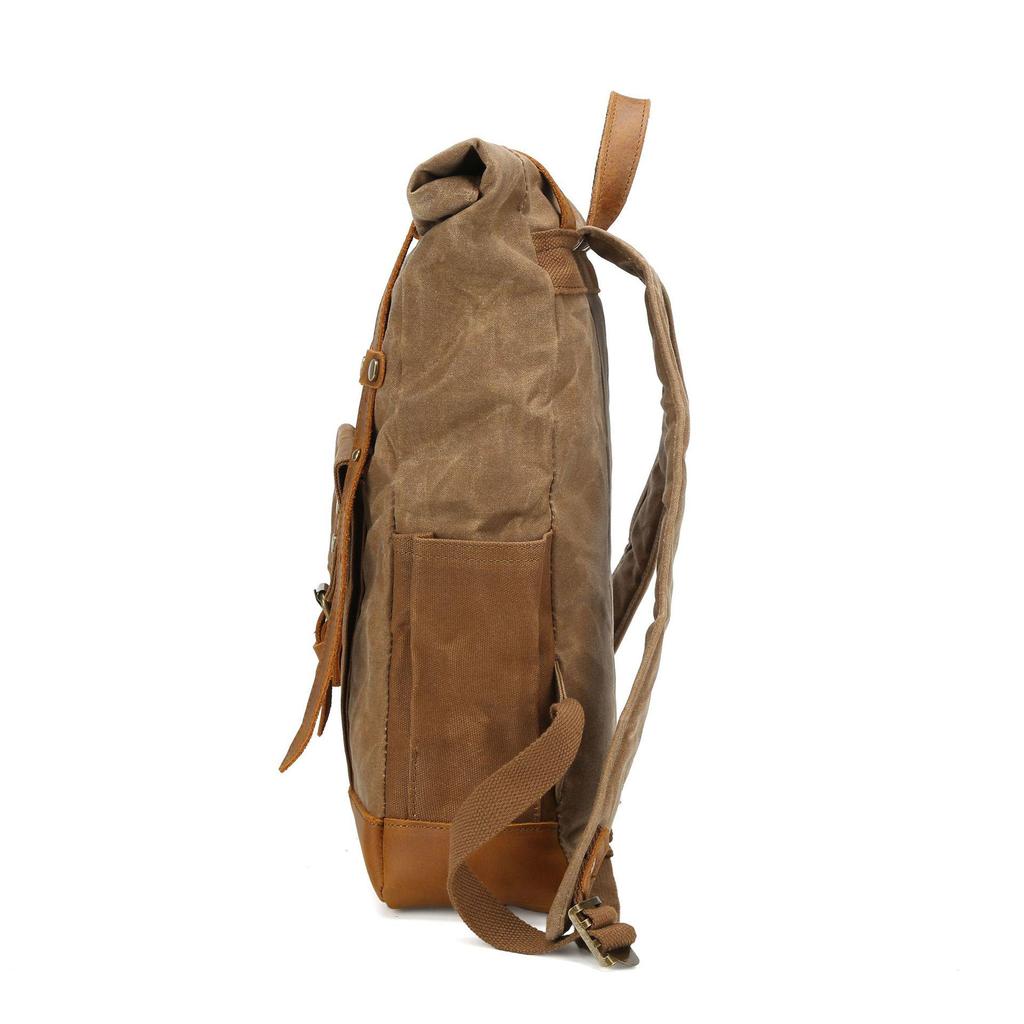 Retro Waxed Canvas Backpack with Leather Trim - Large Capacity, Pepper Salt Design, In Stock
