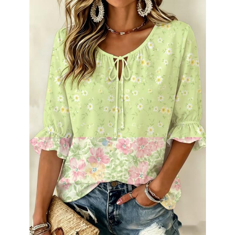 Women's elegant printed lace-up flared top, stylish and versatile, comfortable and skin-friendly