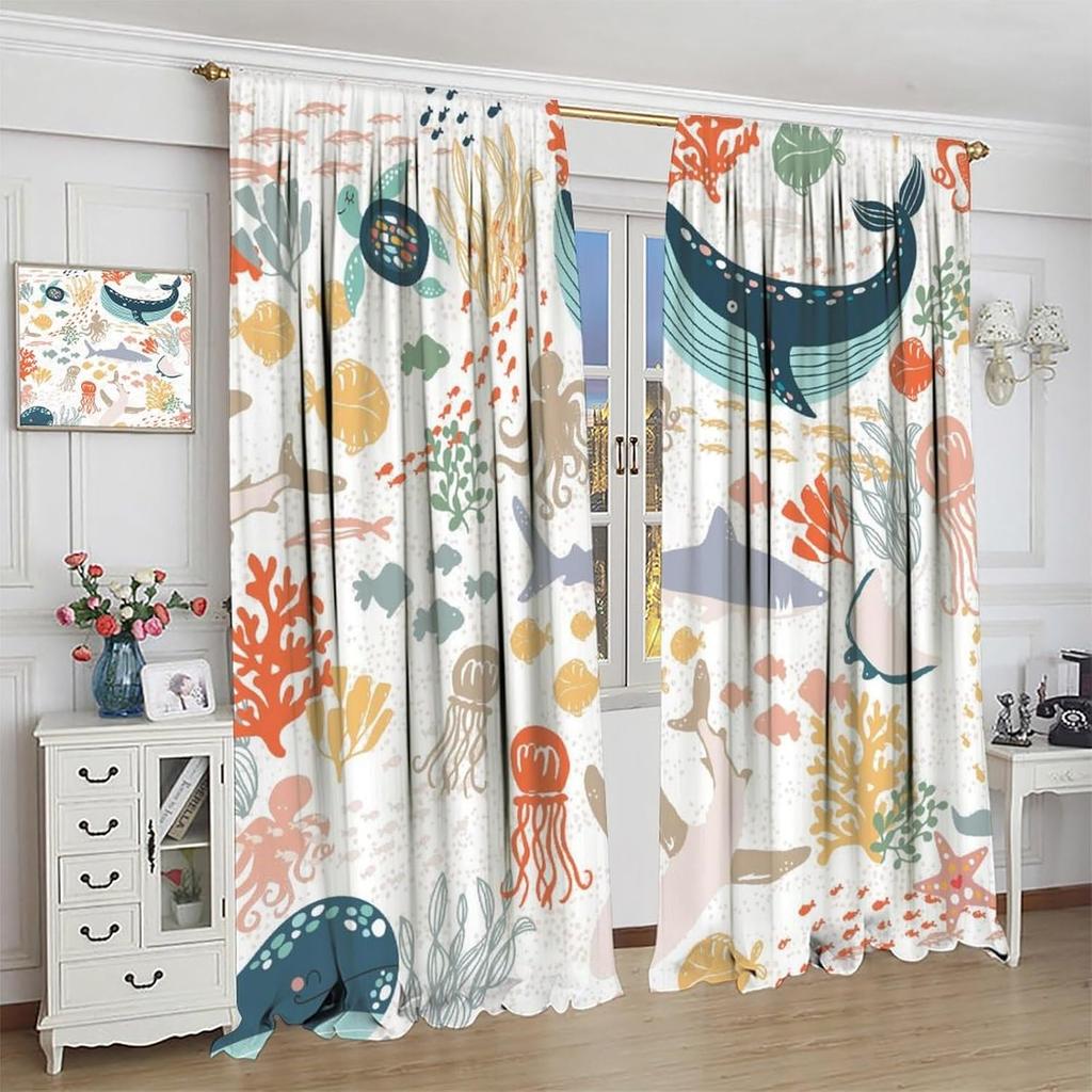 Kinder Meeres tier Vorhänge Lustige Schildkröte Wal Ozean Bunt Kunst Gedruckt Fenster Vorhänge Jungen Mädchen Schlafzimmer Kinderzimmer Vorhang Verdunkelnd Polyester Ideal Für