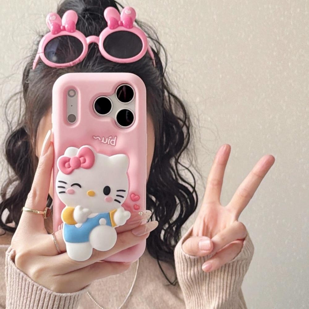 Pink Cute 3D KT Head Grip Tok Holder Phone Case For iPhone 17 Pro Max 16 Pro 15 Pro 14 Plus 13 12 17 Pro Shockproof Phone Cover