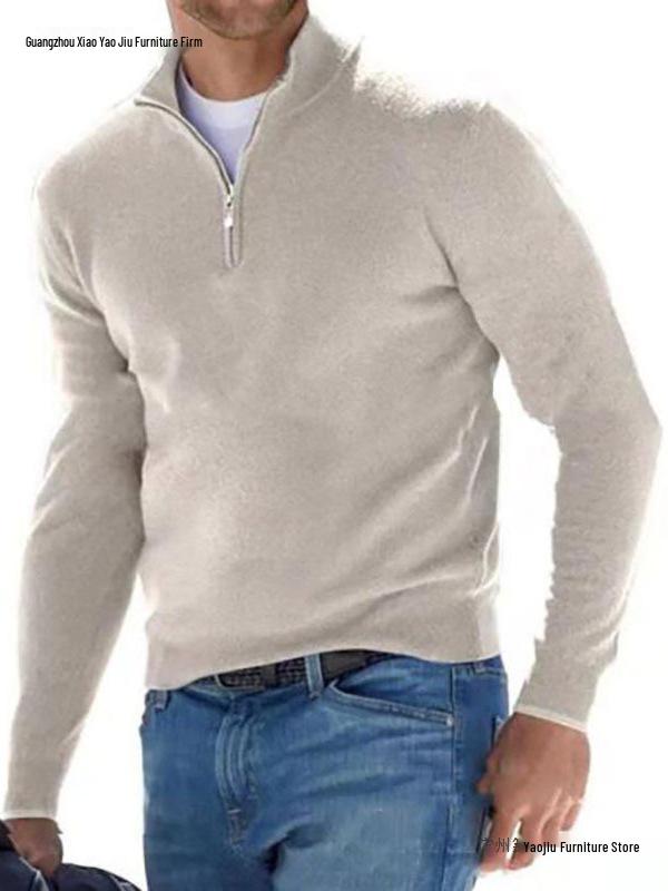 New Men's Autumn V-Neck Long Sleeve Plush Zipper Casual Polo Shirt