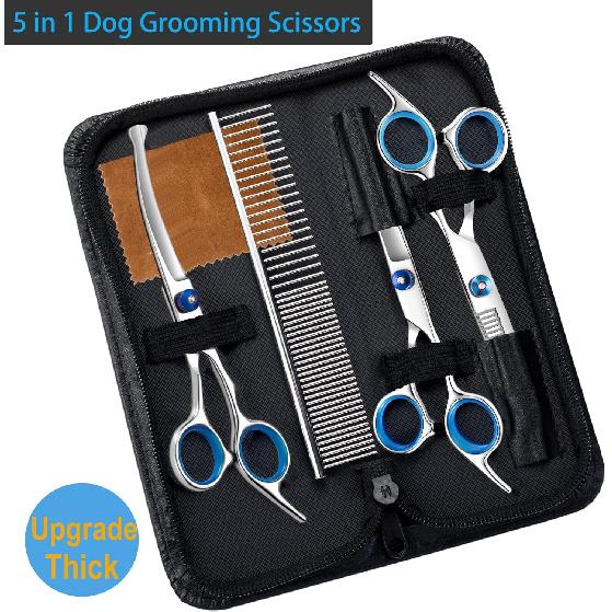 5 in 1 Upgraded Thicken Dog Grooming Scissors, Professional Dog Scissors for Grooming with Safety Round Tips, Lengnoyp Stainless Steel Thinning