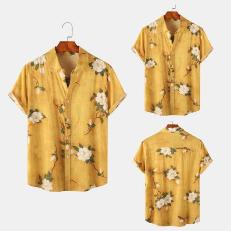 Men Summer Hawaiian Shirt Floral Leaves Print Streetwear Chic Single Breasted Thin Shirt