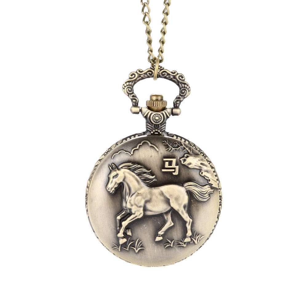 Hollow Out Horse Vintage Carved Quartz Pocket Watch Clock Fob With Chain Pendant Necklace Gifts Relief Watch With Numerals
