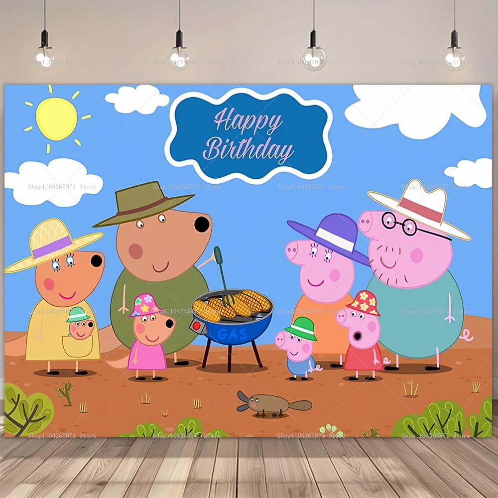 Colorful Peppa Pig Cartoon Happy Birthday Backdrop Pink Pig Family Kids Photo Background Banner Baby Shower Party Decor Props