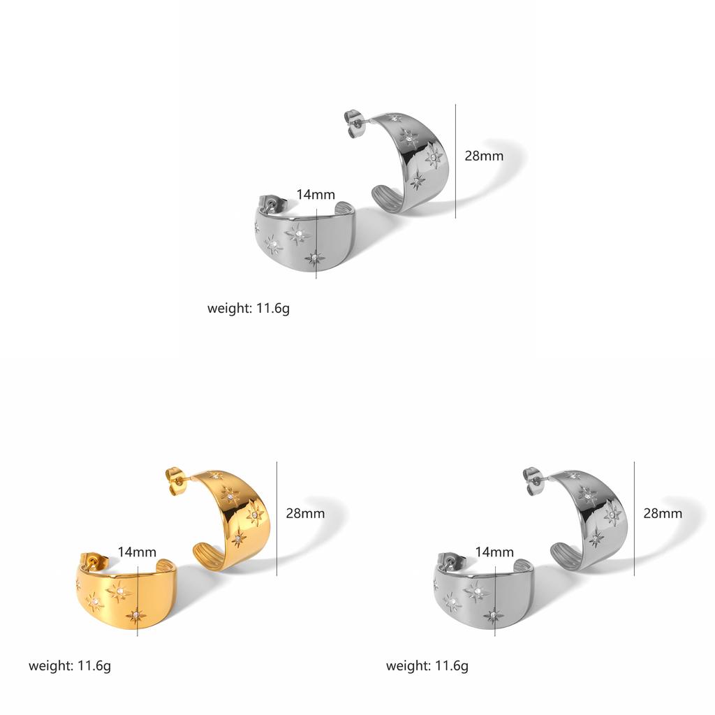 No Ip Category Stainless Steel Star Shaped Earrings With Cubic Zirconia For Women