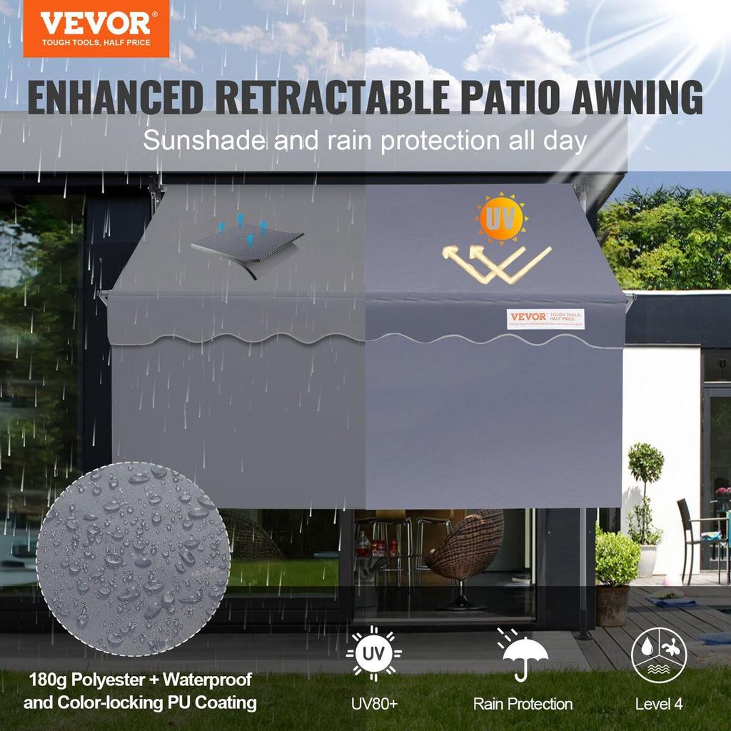 Manual Retractable Awning, 78" Outdoor Retractable Patio Awning Sunshade Shelter, Adjustable Patio Door Window Awning Canopy with 39" Sun Shade