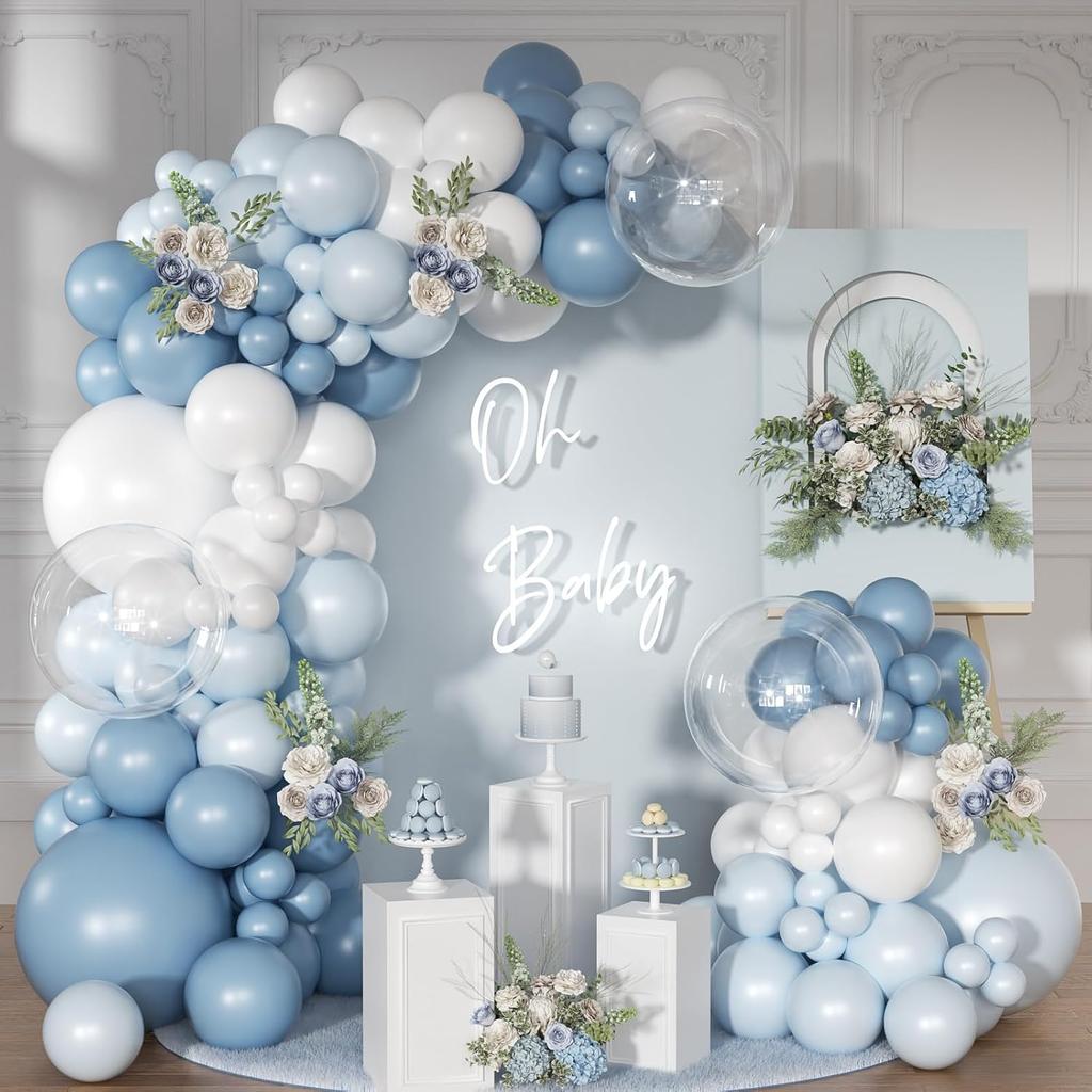 Bruiloft Verjaardag Babyborrel Geslachtsonthulling Decoraties Stofblauw Wit Ballonnenboog Slingerset