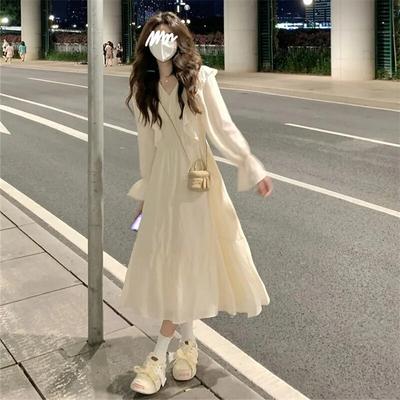 White Dresses for Women Autumn Sweet Preppy Style Korean Female Robe V-neck Streetwear Soft Ruffles Vintage Elegant Party Dress