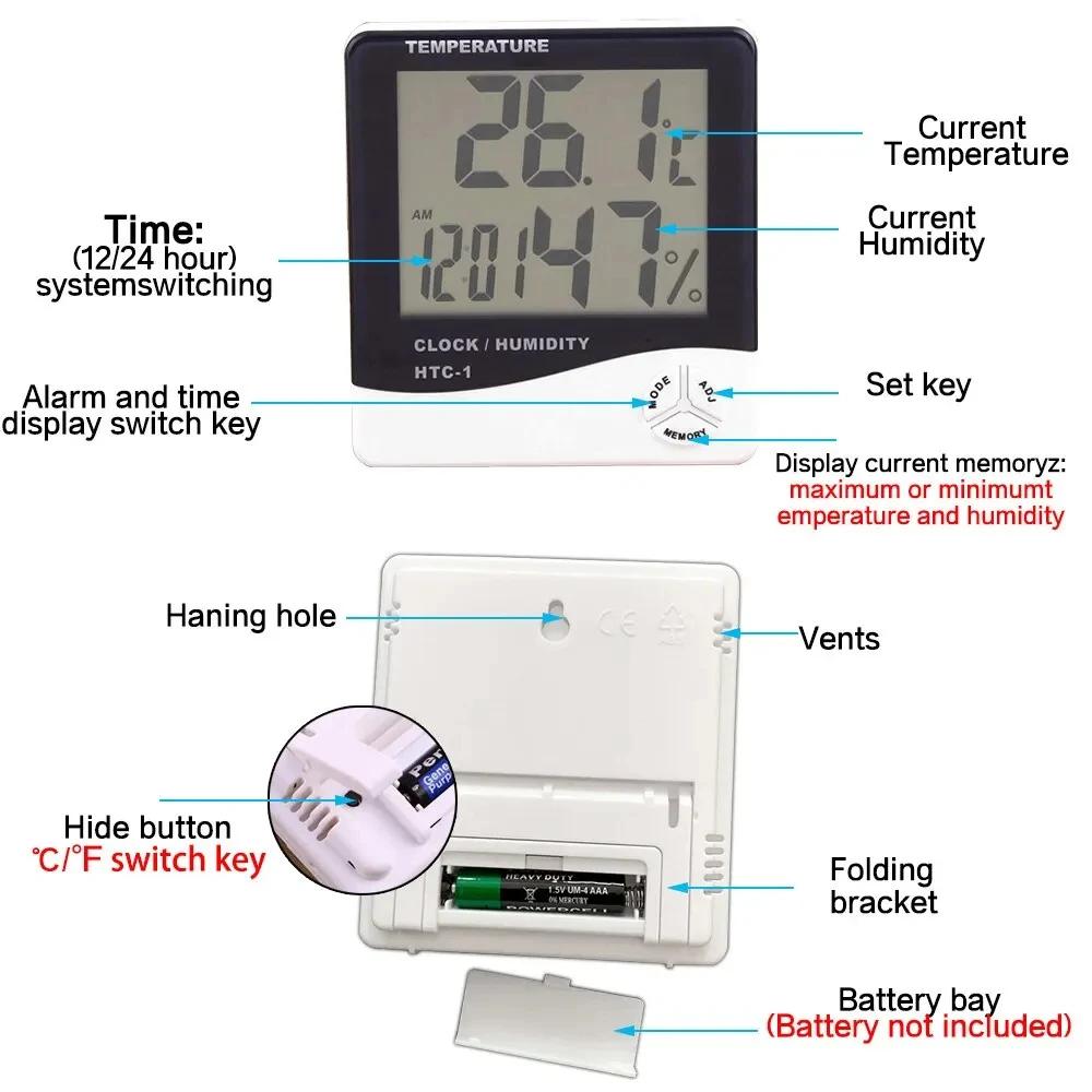 LCD Digital Temperature Humidity Meter HTC-1 Home Indoor Outdoor Hygrometer Thermometer Weather Station with Clock