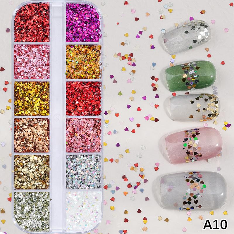 12 Grids Mixed Star Heart Nail Glitter 1Mm Star Sequin Nail Art Diy Colorful Sparkling Nail Charms Nail Decoration Accessories