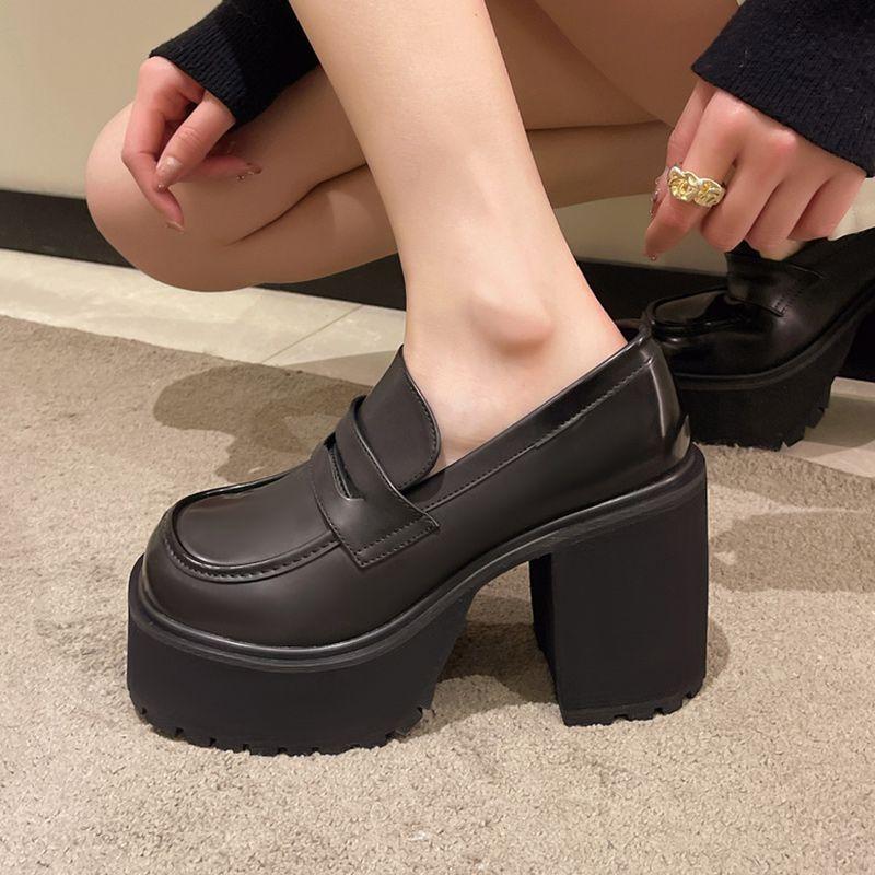 8cm Chunky Heel Platform Loafers Office Work Shoes Black Leather Shoes with Waterproof Sole Korean Thick Heel Casual Shoes