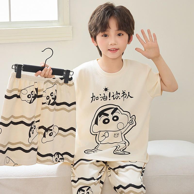 Boys Cotton Short Sleeve 3-Piece Pajama Set Sleepwear Kids Teens Cartoon Print Lightweight Home Wear