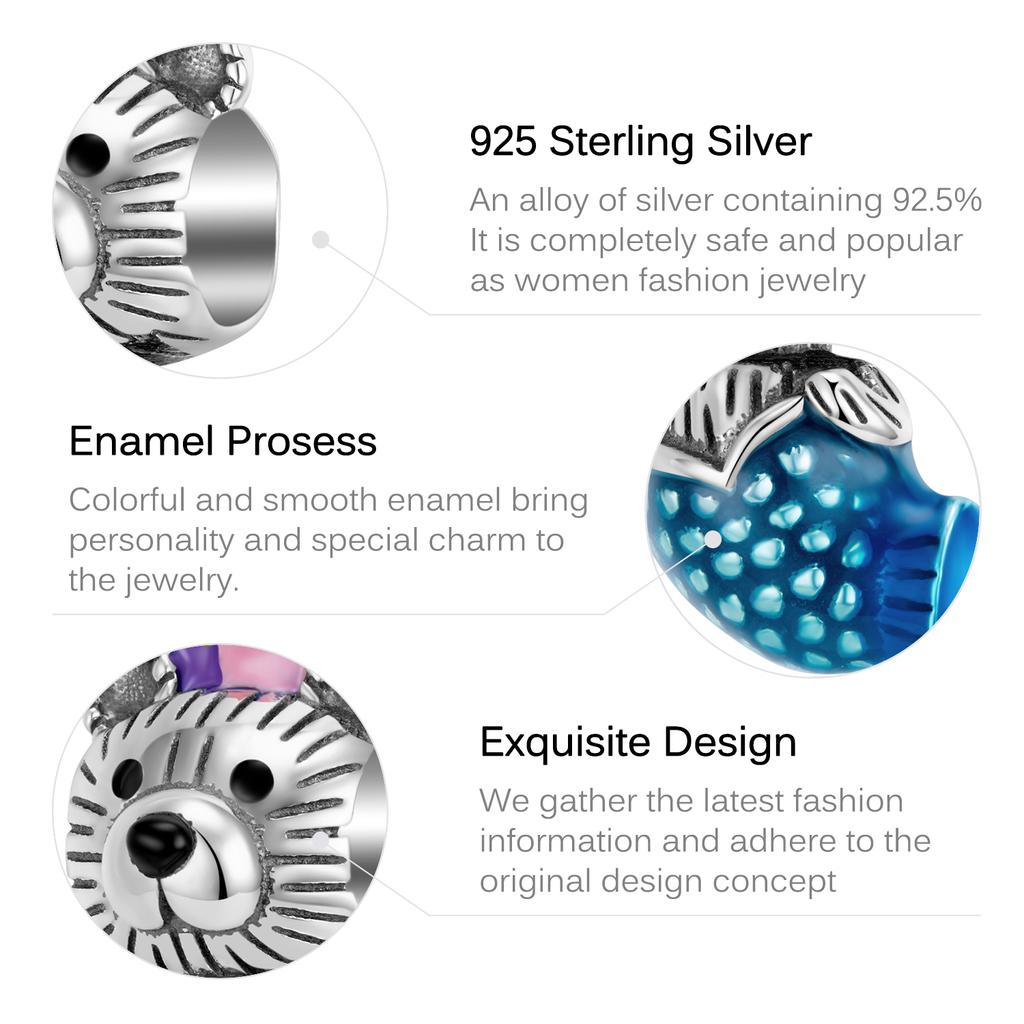 Little Bear Mermaid Charm pärlor Autentiska 925 Sterling Silver Emalj Blå smycken för kvinnor Armband Fina smycken gör pärlor