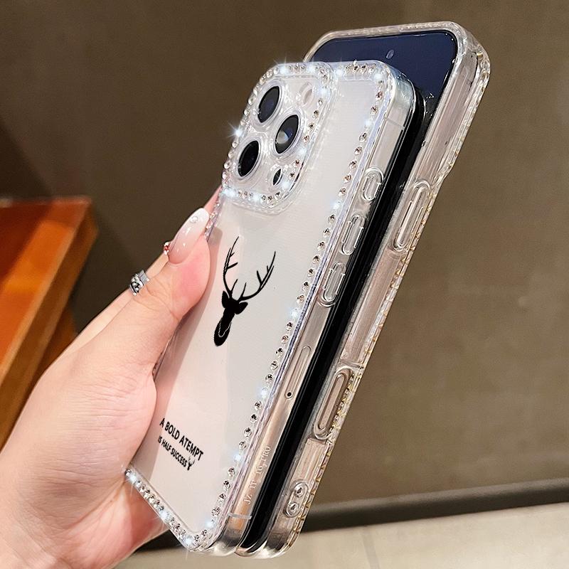 Simple Deer Print Shockproof Soft Silicone Case For iPhone 16E 16 Pro 15 Pro Max 14 13 12 11 Diamond Frame Anti-Fall Clear Phone Cover