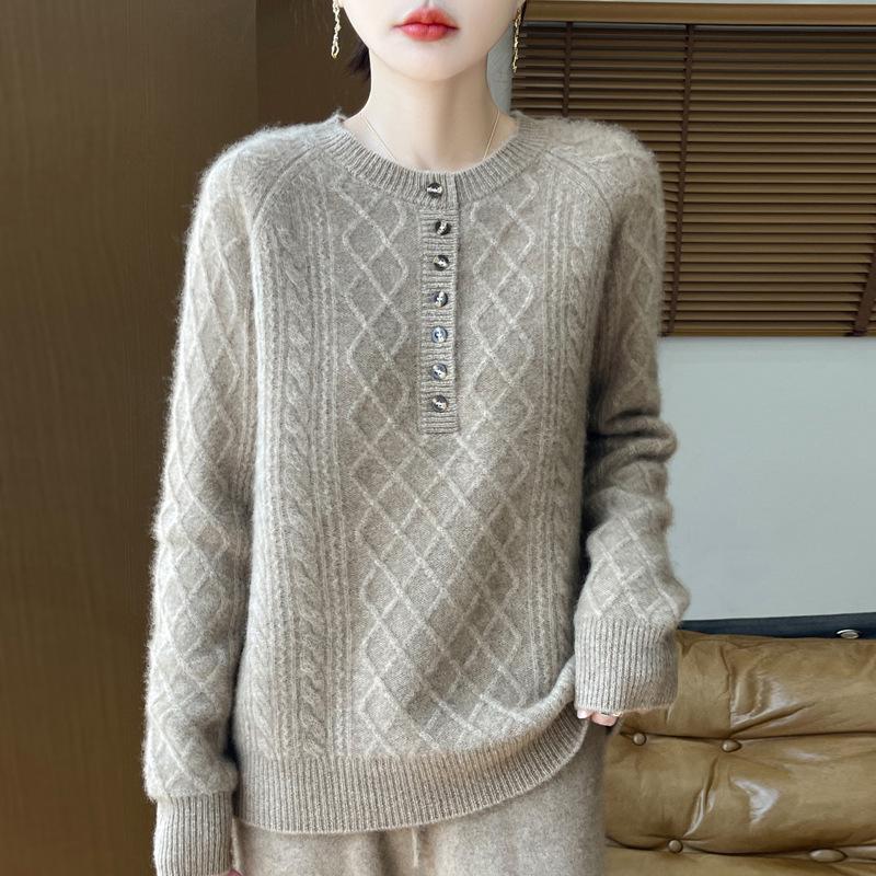 2025 Autumn/Winter Wool Knit Diamond Cable Base Layer Top - Cashmere, Thick & Soft