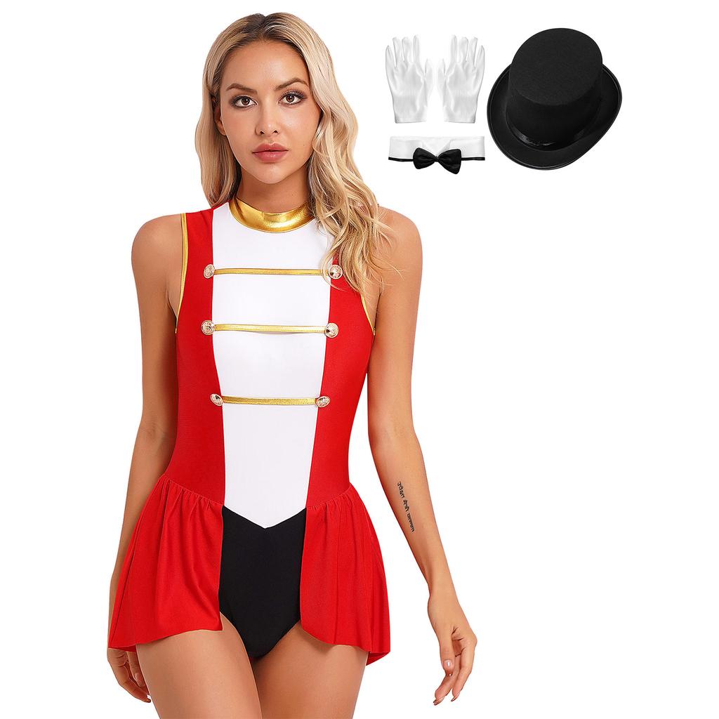 Womens Circus Ringmaster Costume Set Mock Neck Patchwork Bodysuit Complete Hat Bow Collar Gloves