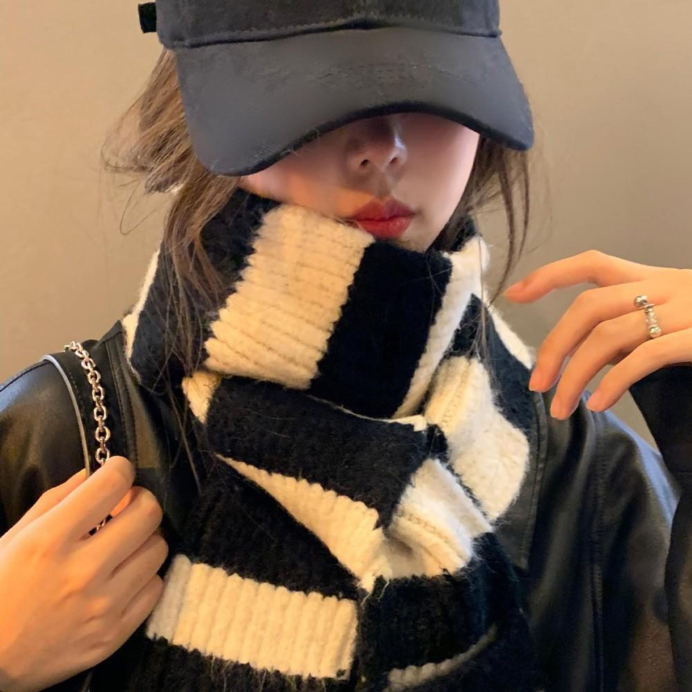 Japanese Style Fashion Striped Scarf Y2K Harajuku Gothic Long Striped Scarves Thicken Warm Knitted Streetwear Winter Shawl New