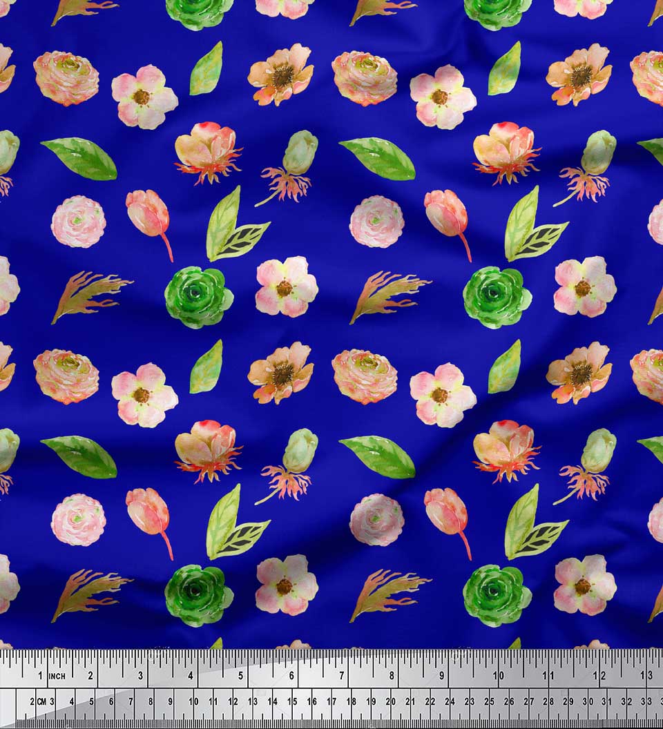 

Тканина Soimoi Red Japan Crepe Satin Тканина Anemone & Leaves Print на метри 42 дюйма 42 Inch Wide - Poly Crepe синій