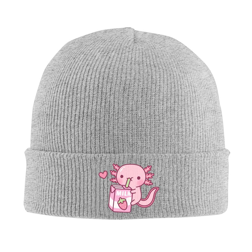 Roztomilý axolotl miluje jahodové mléko Doodle Teplá pletená čepice Zimní pletená čepice Beanie Hip Hop čepice pro Unisex