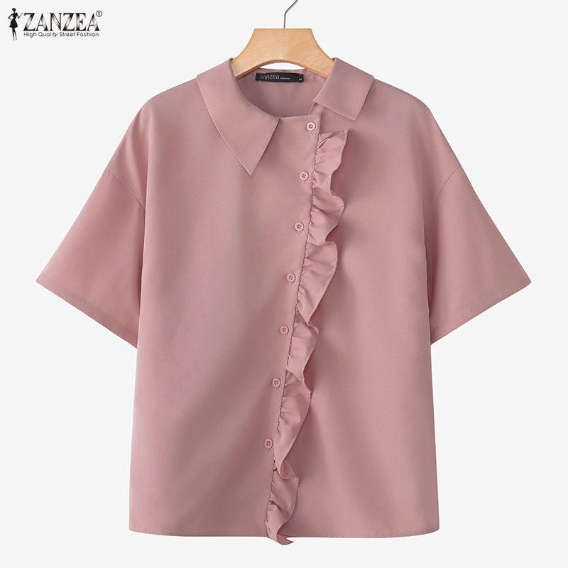 ZANZEA Women Casual Turn Down Collar Short Sleeve Loose Blouse